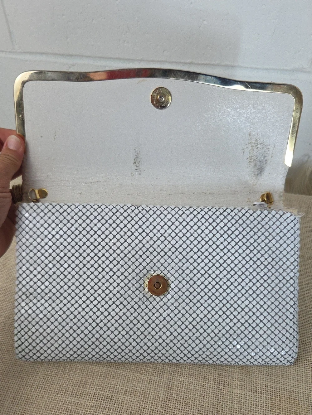 Vintage 70s white metal mesh clutch Chain Link shoulder evening bag